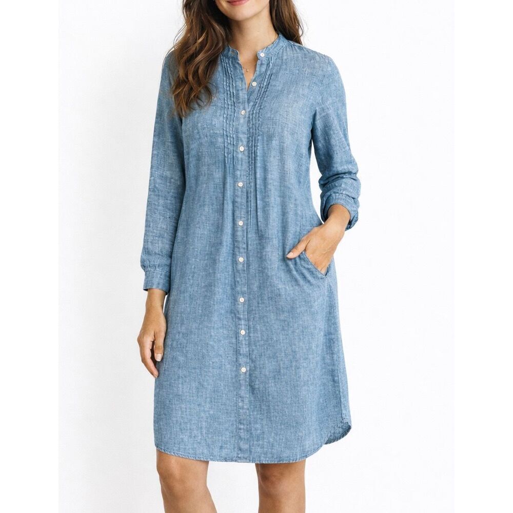 J.Jill blue linen pleat front shirt dress xs